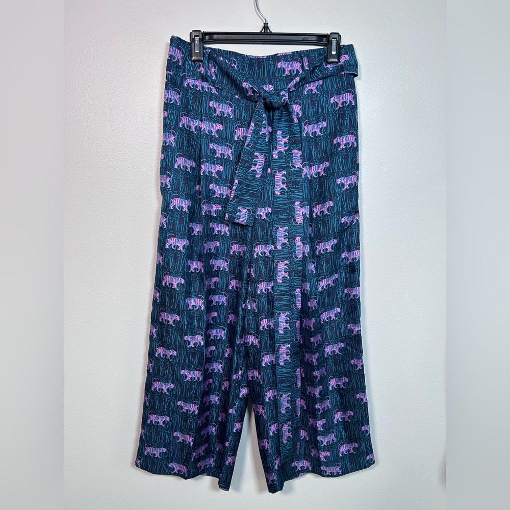 J. Crew 100% Silk Wide Leg Pink Tiger Jungle Pattern Belted Pants SZ 8